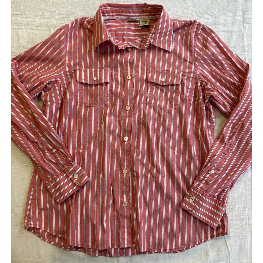L.L.Bean Women L Red Blue Stripe Stretch Cotton Button Shirt Pockets